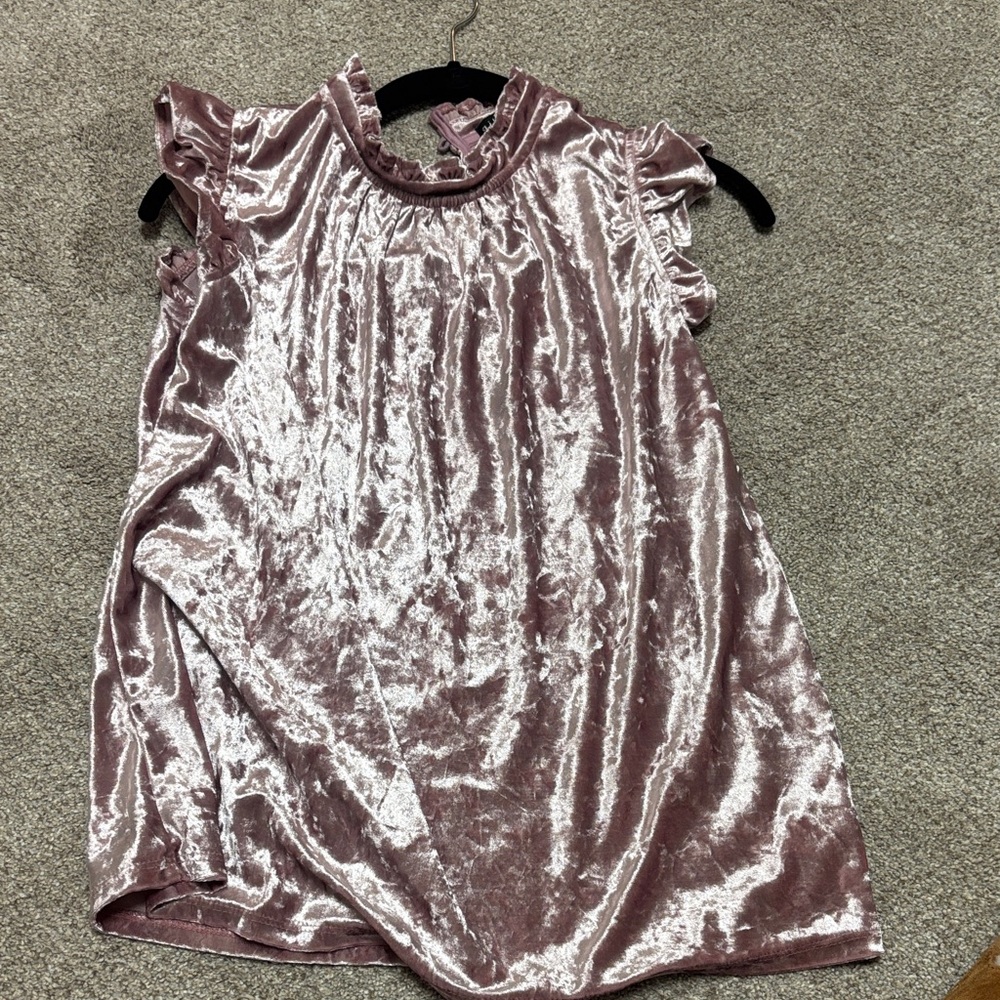 Gibson Blush Pink Crushed Velvet Ruffle Neck Top